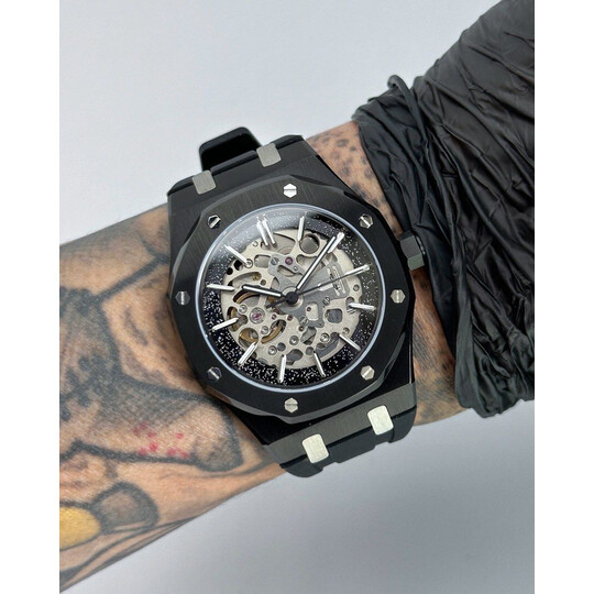 Custom Seiko Mod • Silver Skeleton Black Stardust AP• 42mm